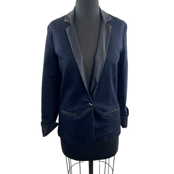 7 For All Mankind Denim Blue Black Blazer Cotton One Button Notched Lapel Sz M - Picture 1 of 11